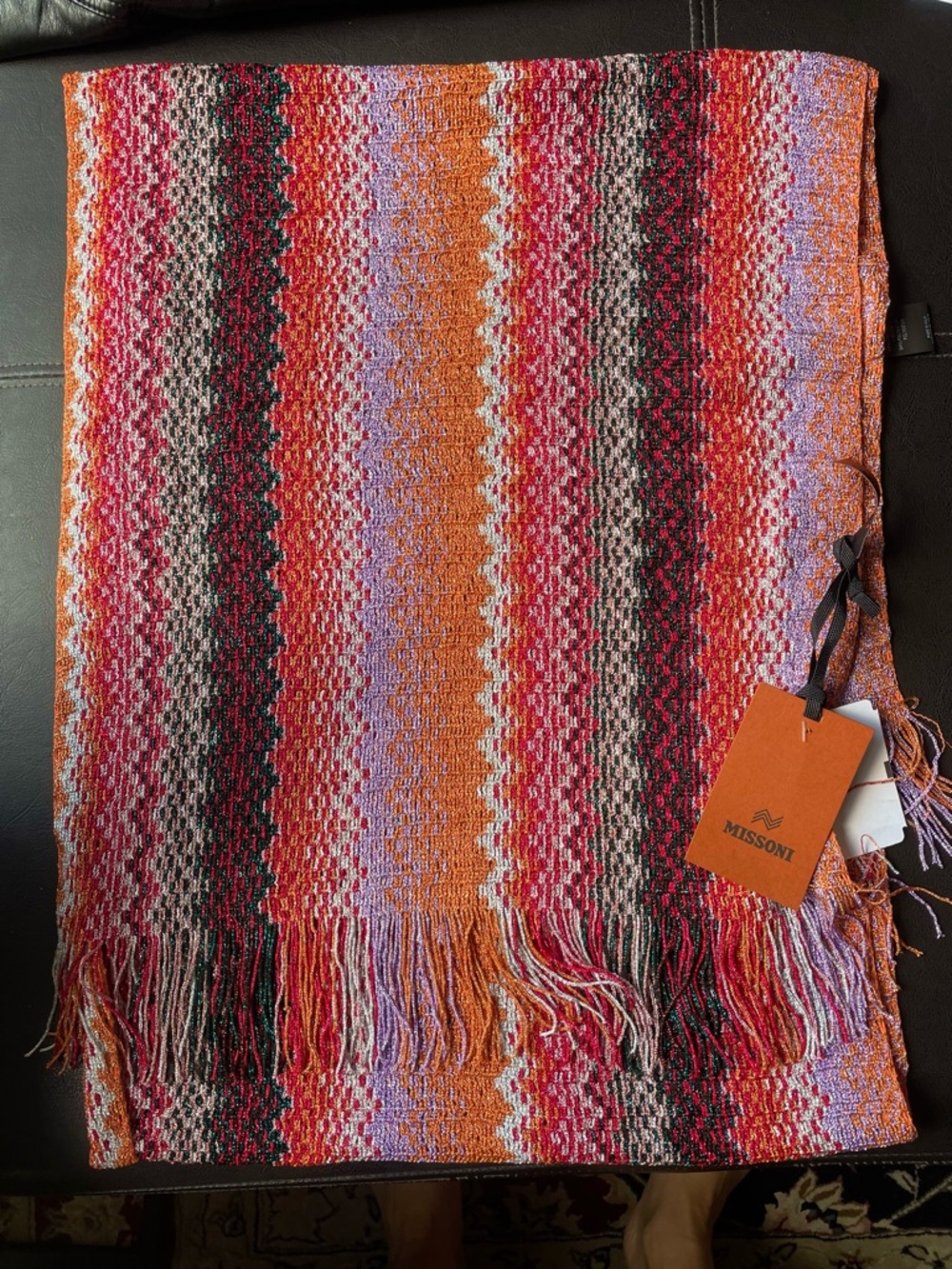 NWT Missoni sparkly Orange, Red and Lavender Striped Knit Scarf zig zag